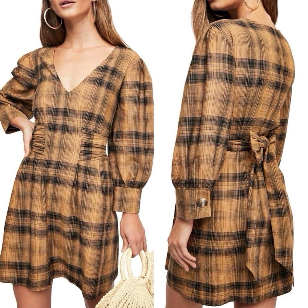 Free People English Rose Brown Plaid Belted Tie-Waist Linen Shirt Dress